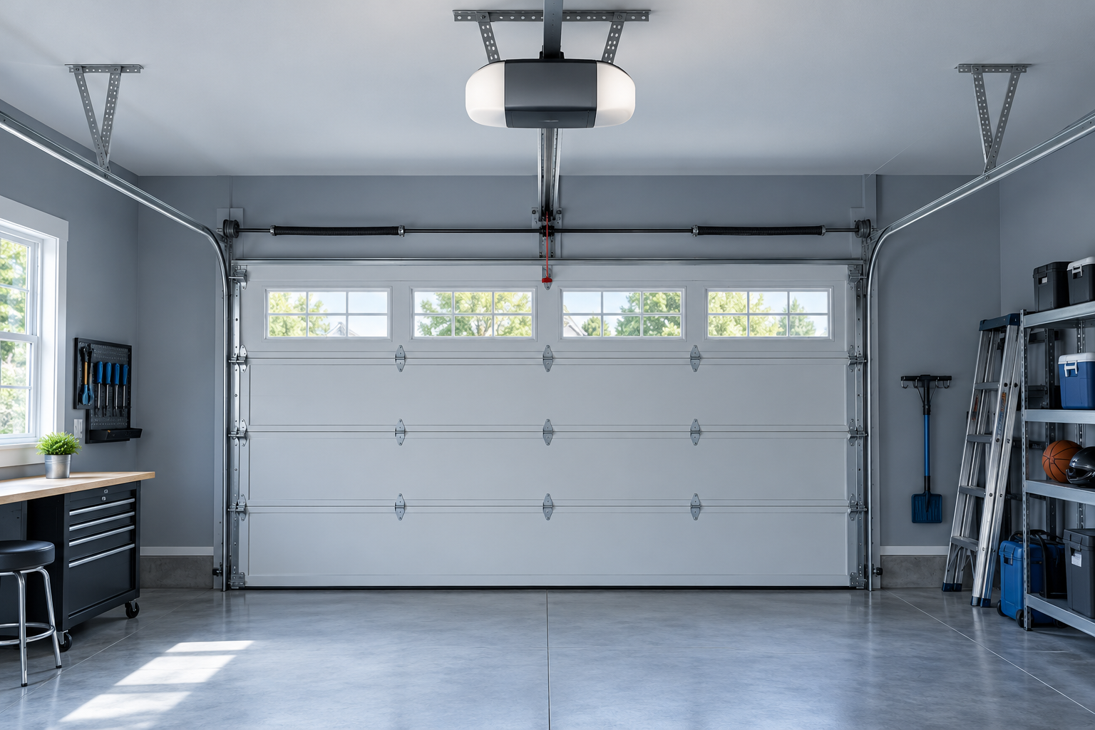 Illustrative ceiling-mounted garage door opener
