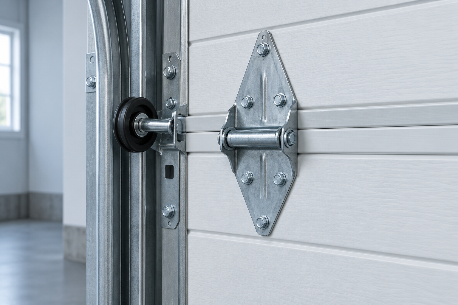 Illustrative close-up of a garage door roller and hinge