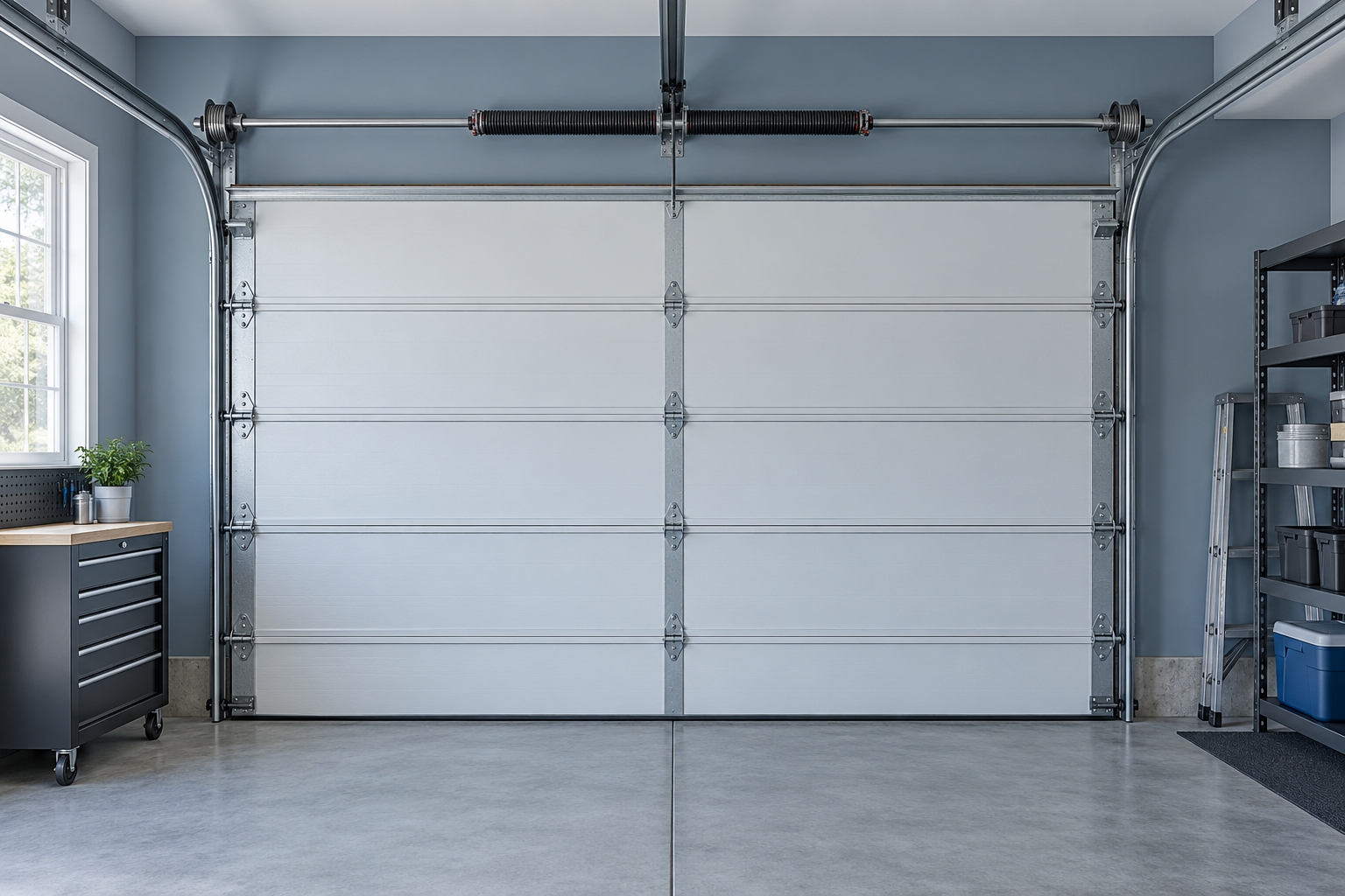 Illustrative interior view of a garage door spring system
